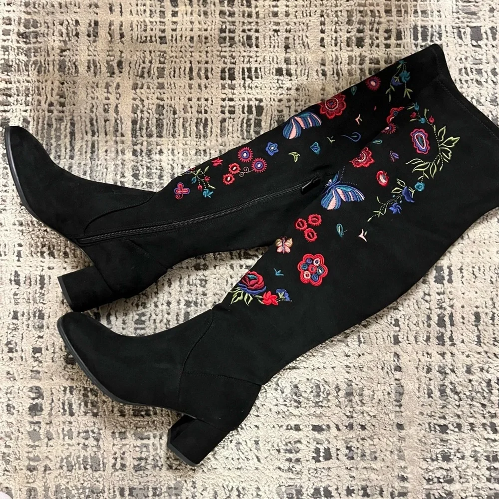 NWOT Impo Judy Embroidered Over-The-Knee Boots stretch block heel colorful